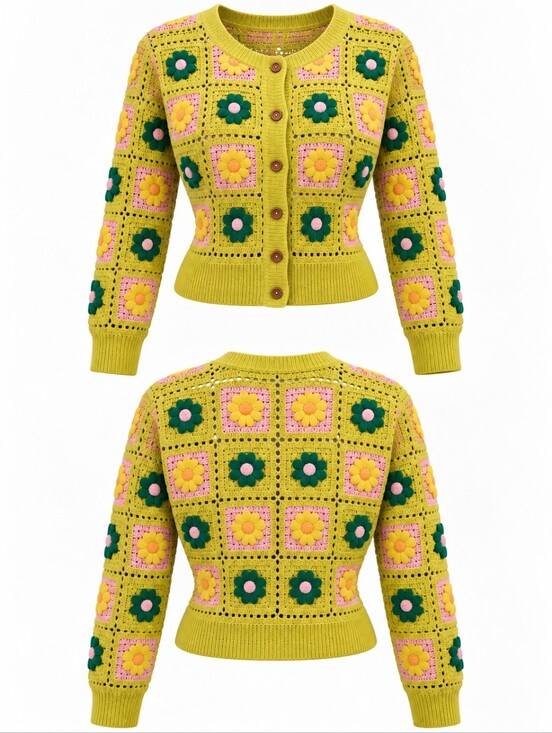 new in Sweaters - Daisy Crochet Cardigan |Floral Cardigan Sweater - Lime Green & Pink |M/L |EUC